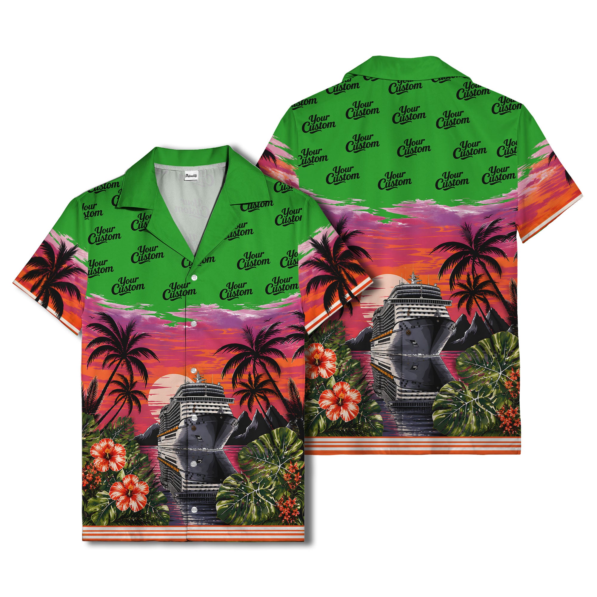 cruise ship sunset palm trees hibiscus flowers hawaiian shirt for men