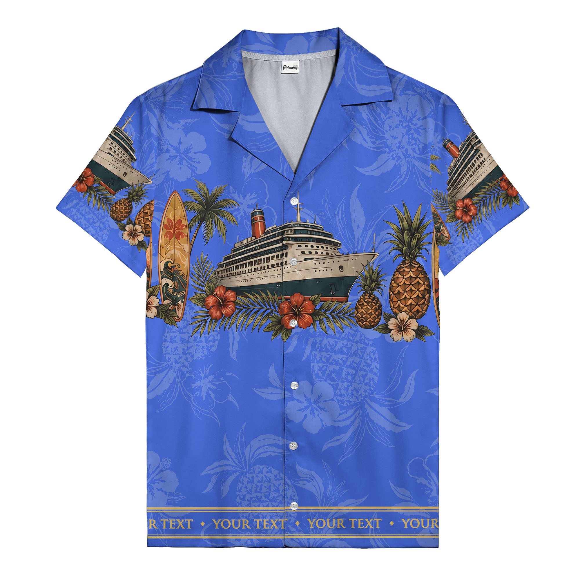cruise ship surfboard pineapple palm hibiscus hawaiian shirt