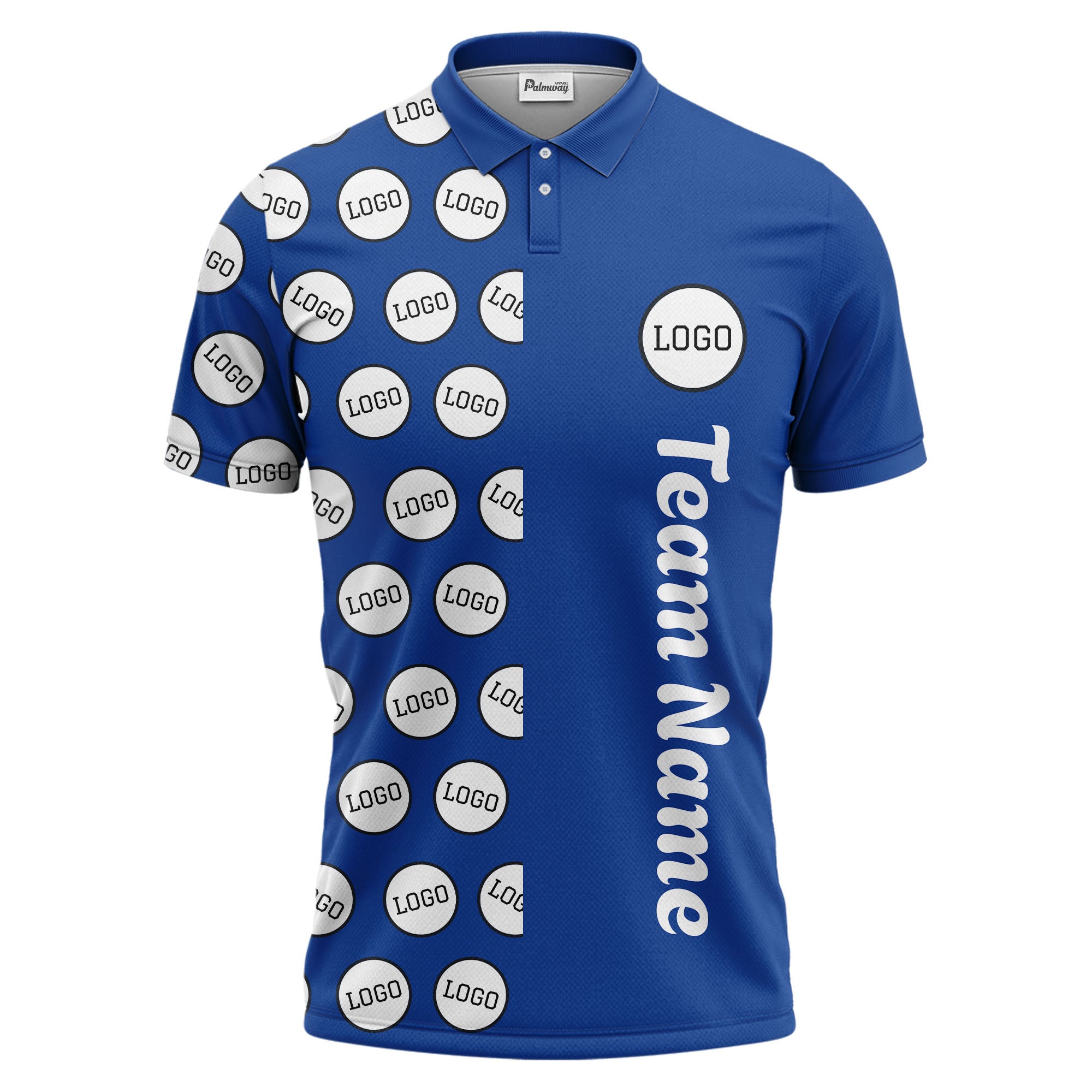 custom team logo polka dot repeat black & white polo shirt for men