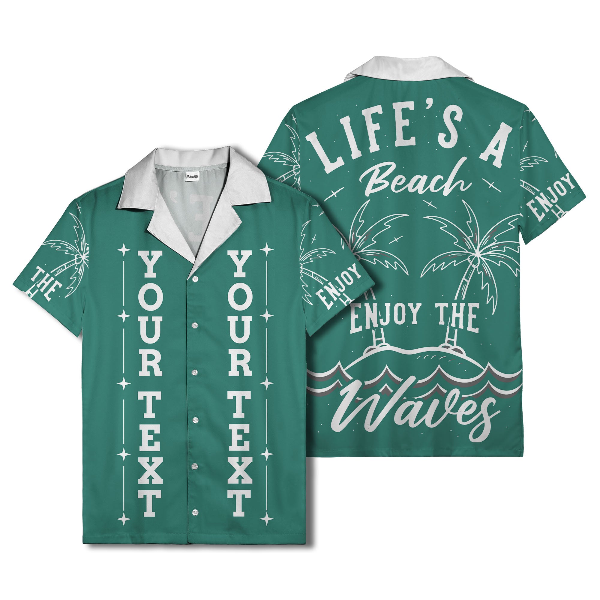 customizable text palm trees & stars graphic hawaiian shirt for men