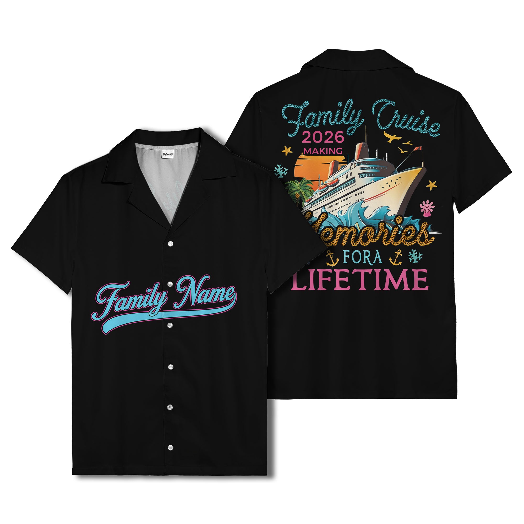 family name script & logo circle personalized hawaiian shirt