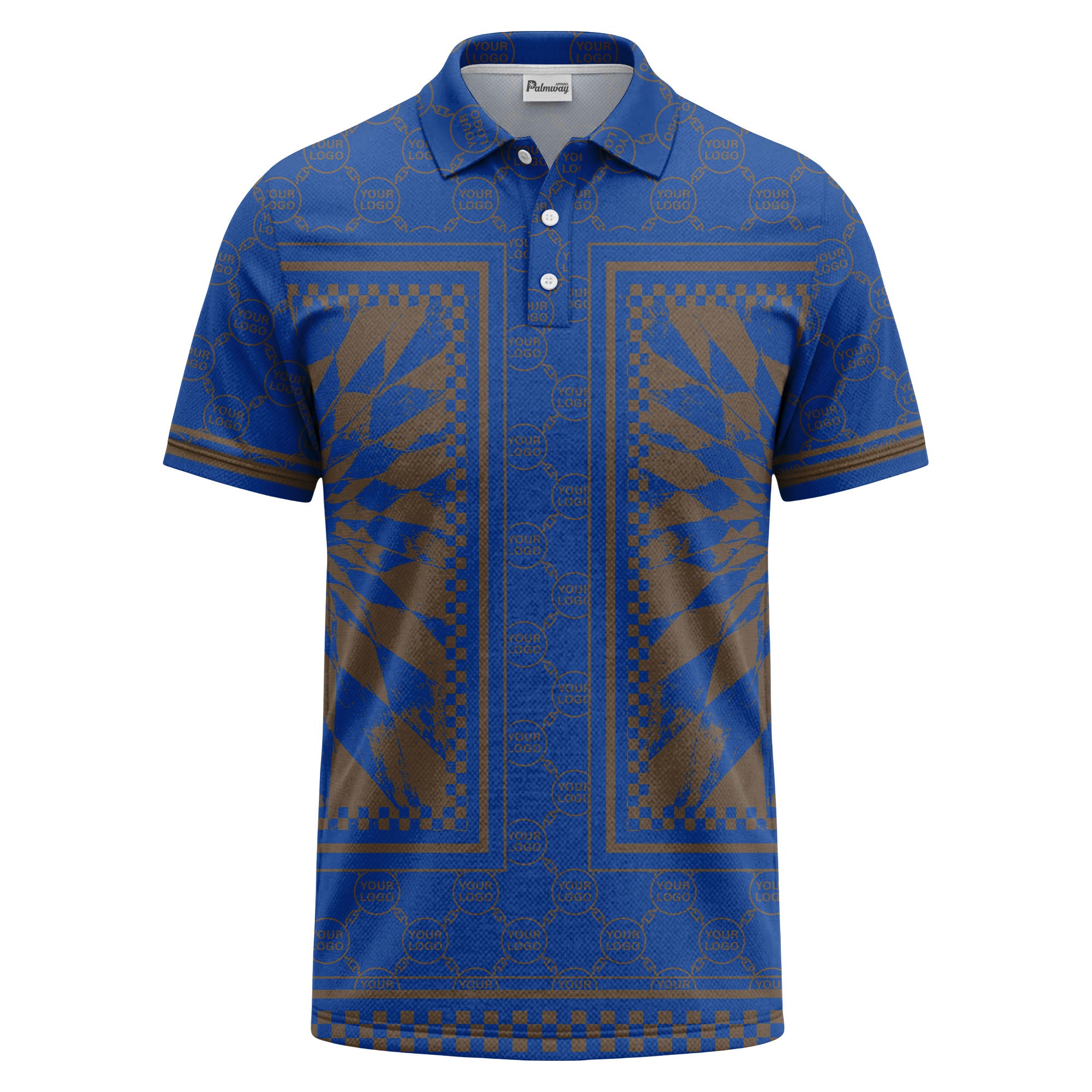geometric palm leaves checkerboard border polo shirt