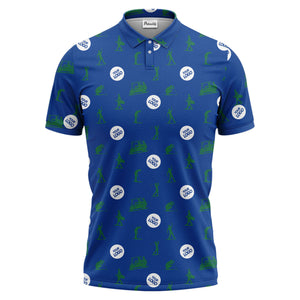 illustrated golfers golf carts repeating on green polo shirt for weekend fairway fun