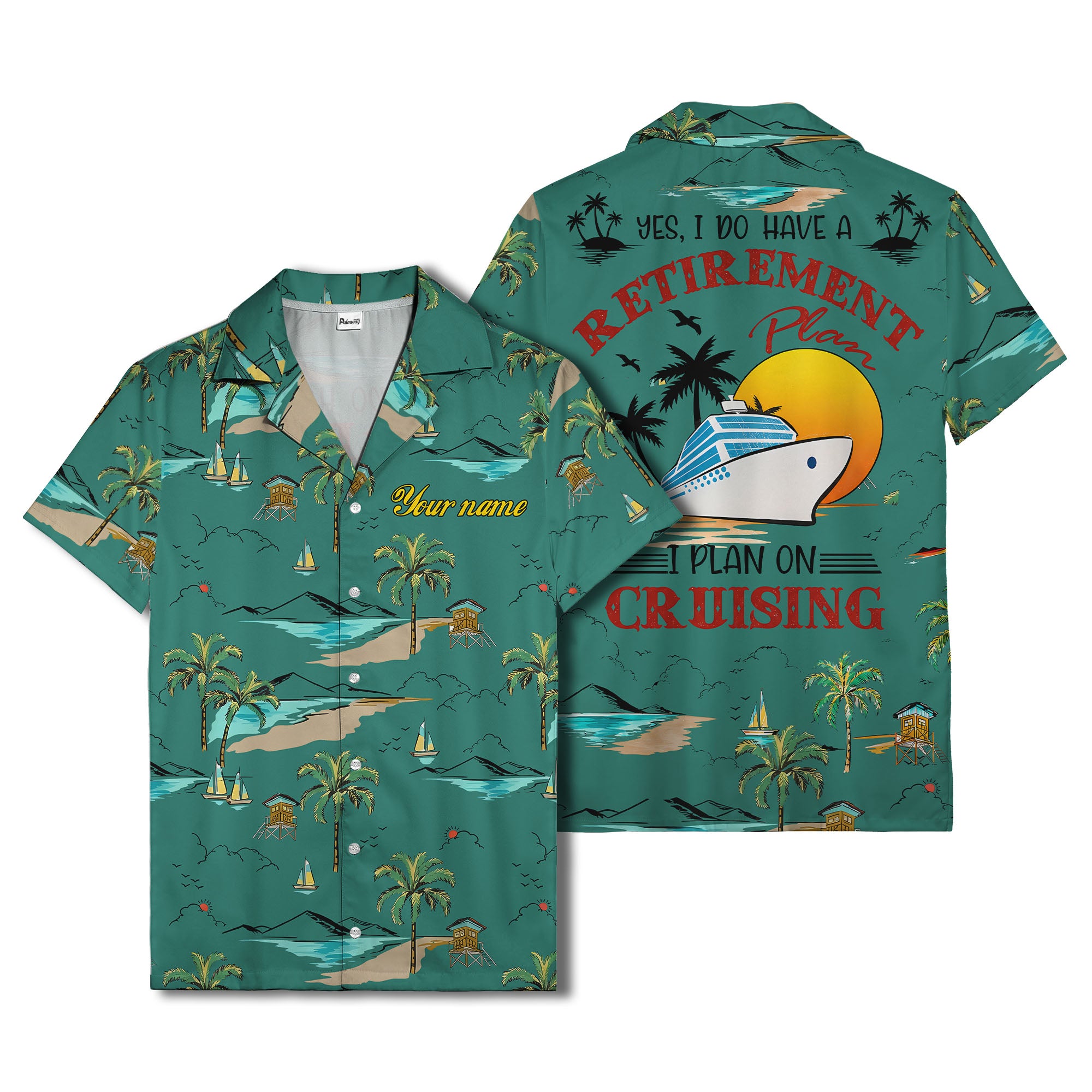 island paradise palm trees & sailboats sunset hawaiian shirt