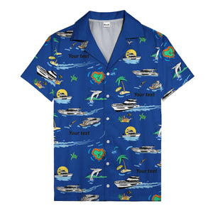luxury yacht & heart-shaped island cartoon hawaiian shirt