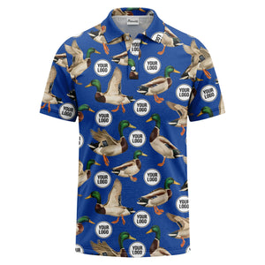 mallard duck flock & custom logo repeat photorealistic polo shirt