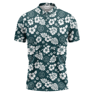 monochrome hawaiian hibiscus flowers & leaves repeat pattern polo shirt