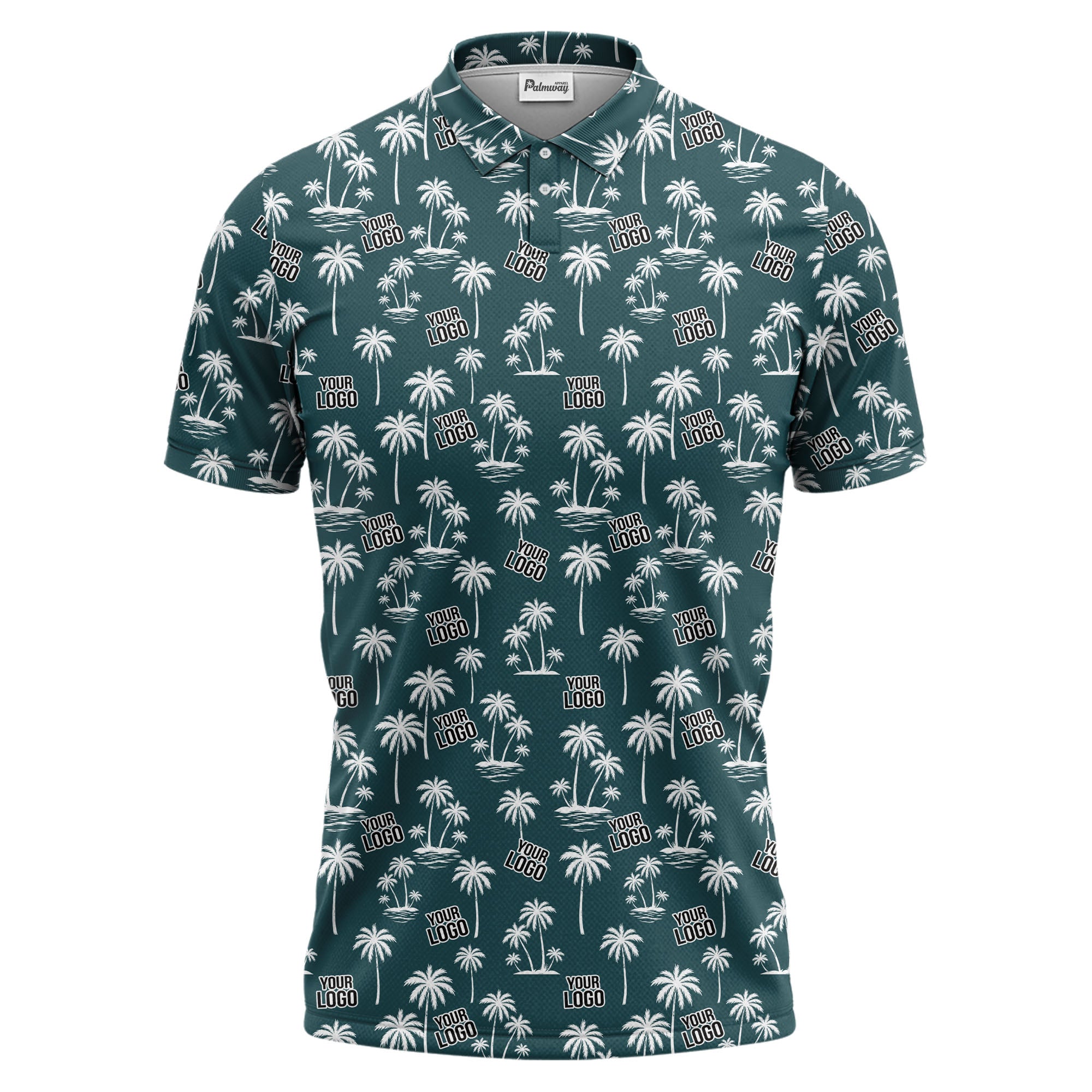 monochrome palm trees & custom logo repeat black white polo shirt