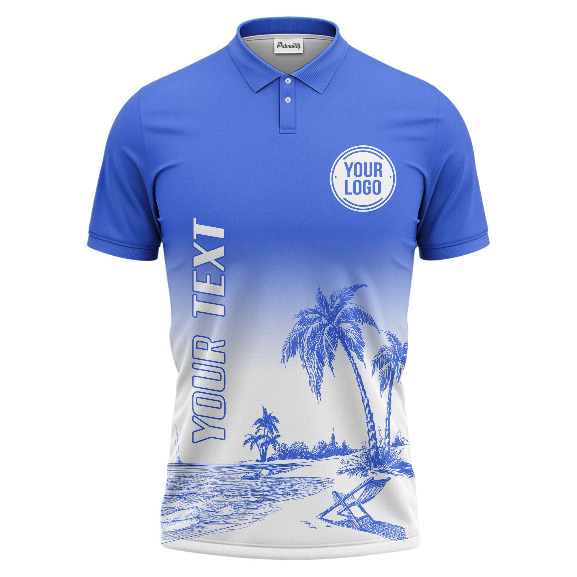 monochrome palm trees & lounge chair beach scene polo shirt