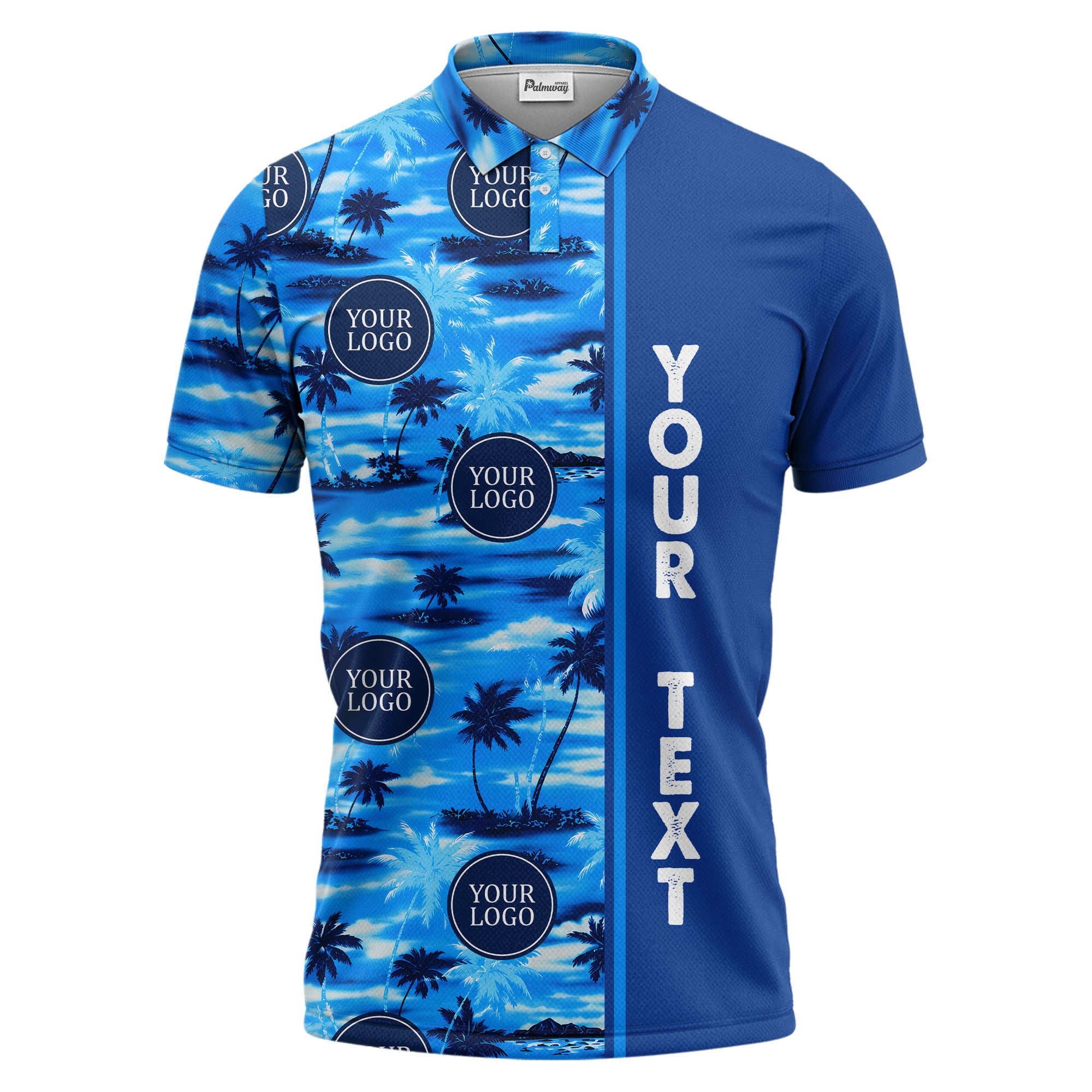 oceanic palm trees & circular logo repeat navy blue tropical beach polo shirt