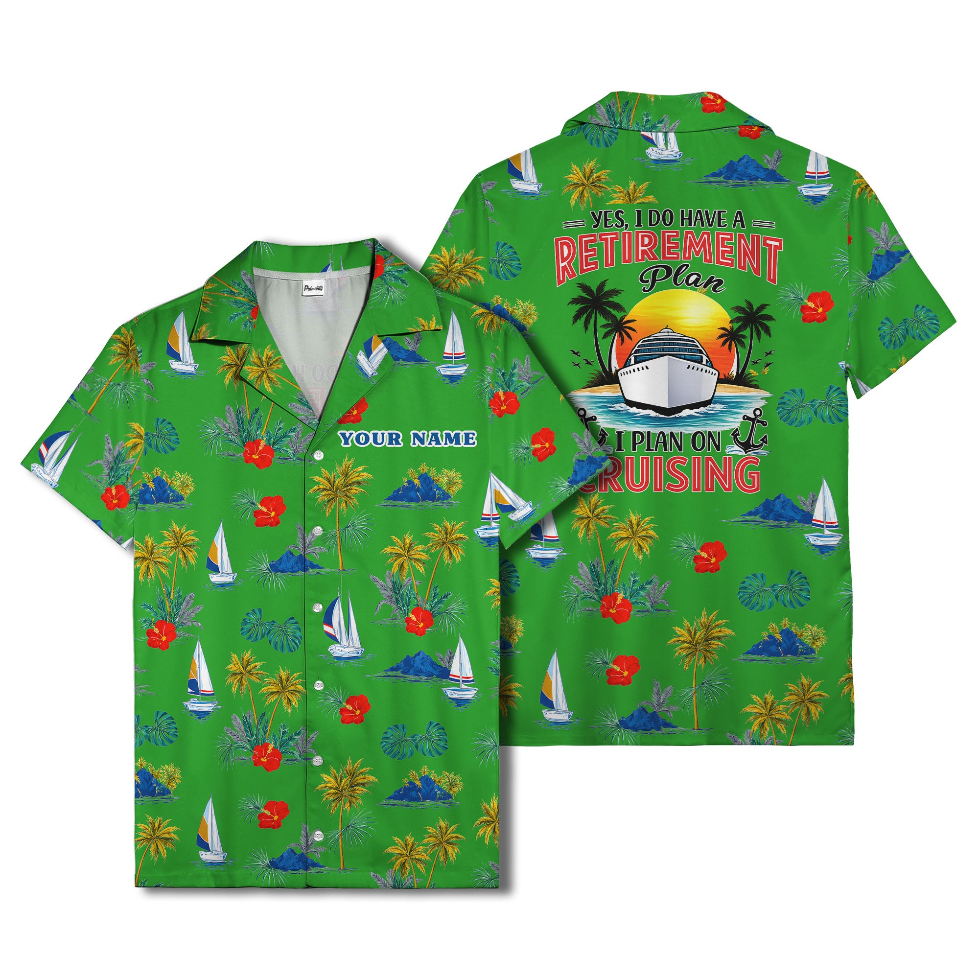 palm trees sailboats hibiscus island paradise hawaiian shirt