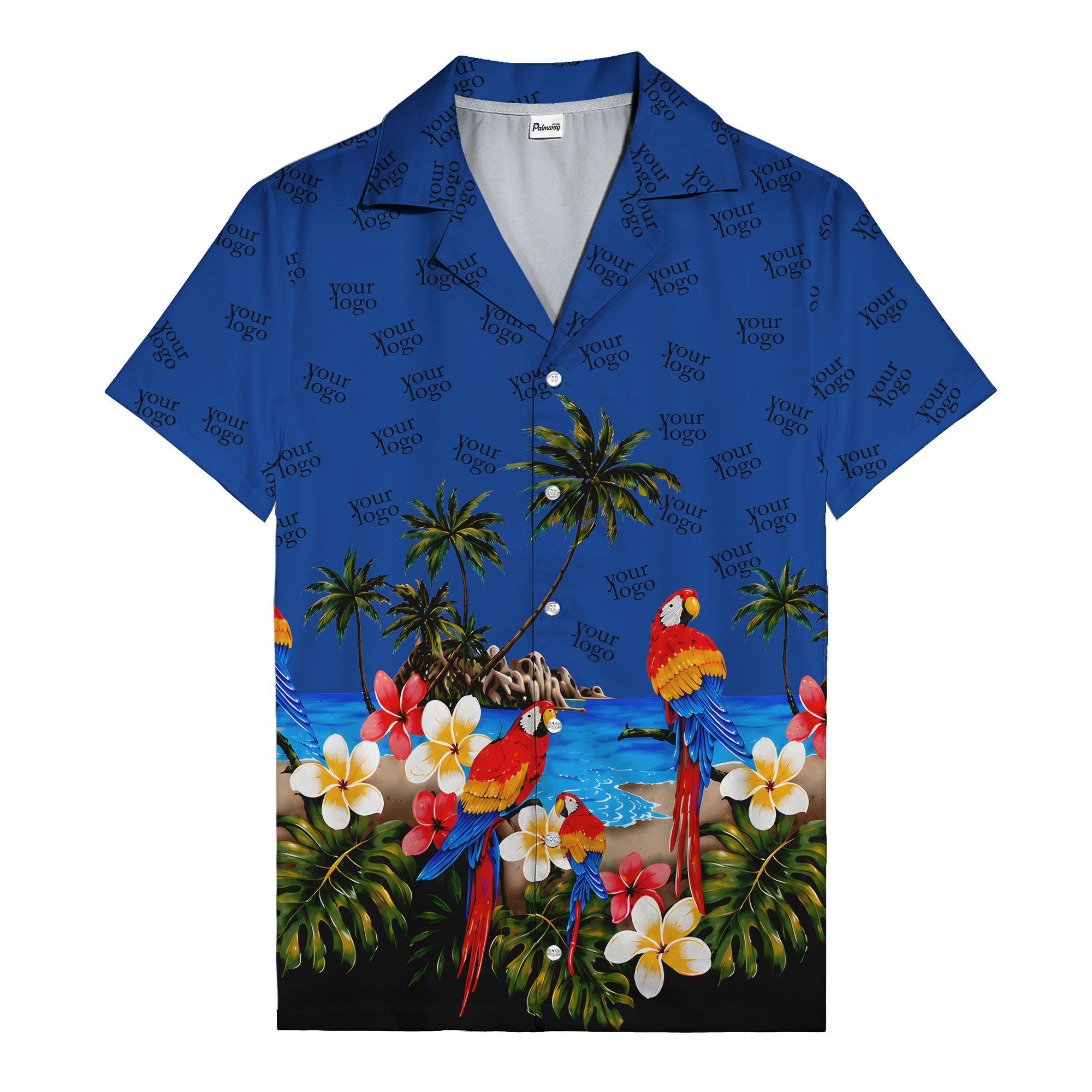 parrot paradise palm trees plumeria beach scene hawaiian shirt