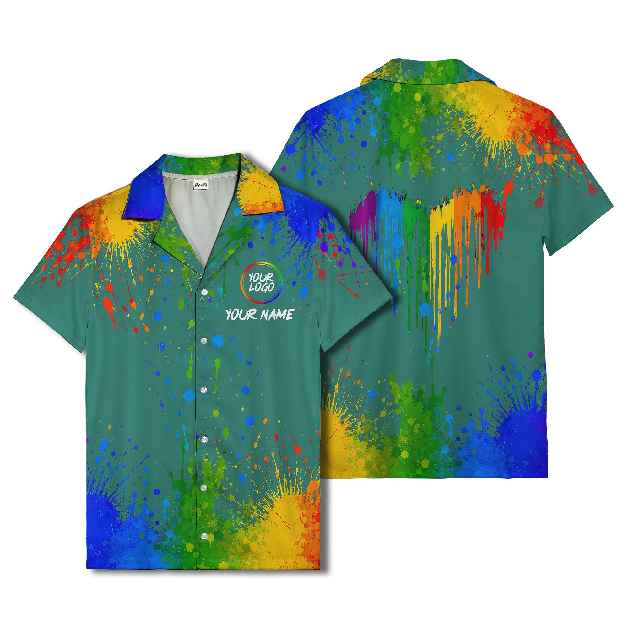 rainbow paint splatter abstract art hawaiian shirt with customizable name