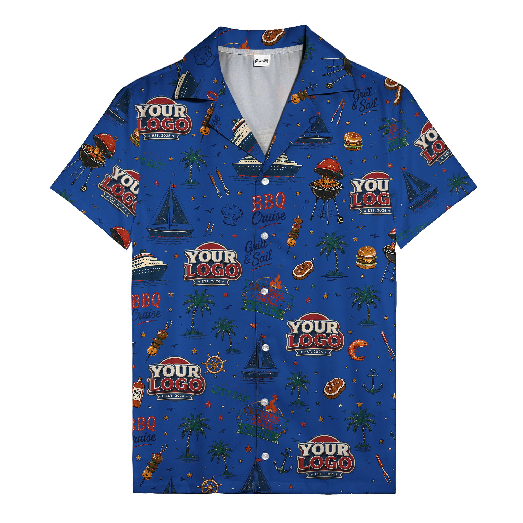 sailboats anchors ship wheels hamburger shrimp steak grill tools hawaiian shirt for men