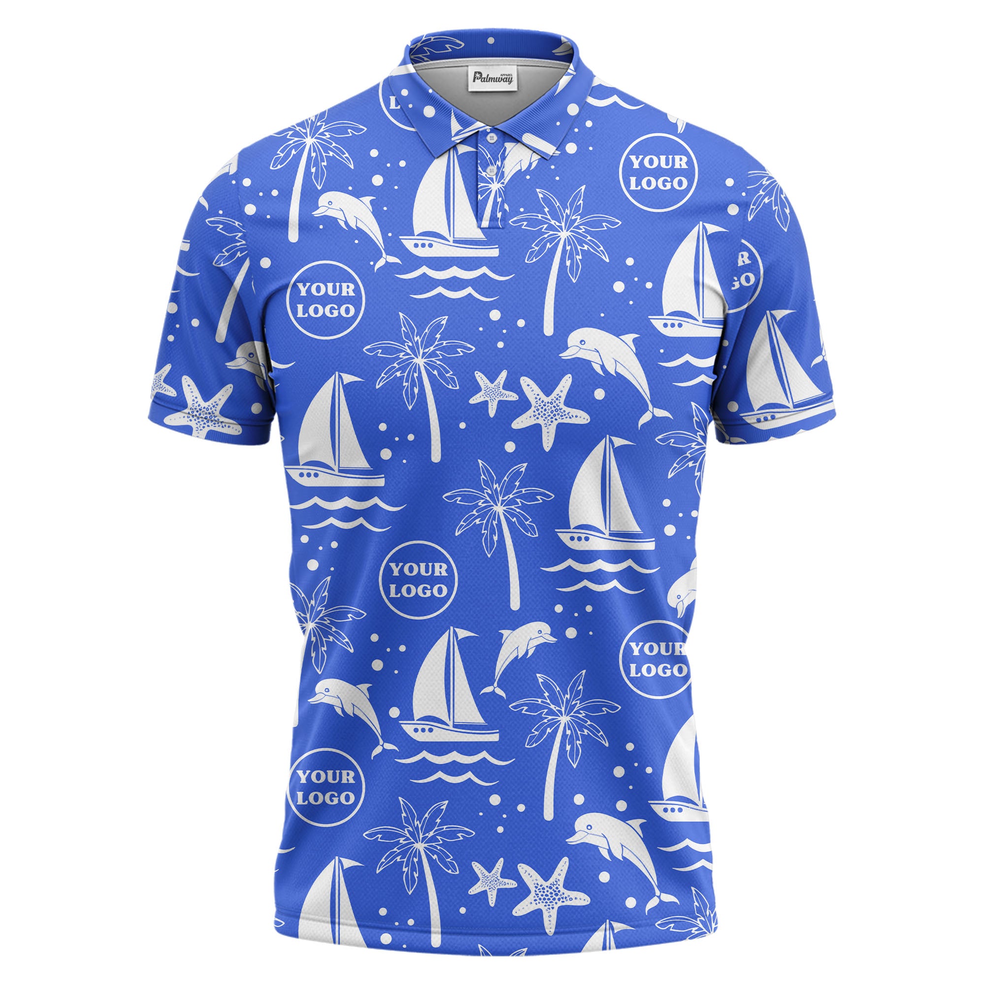 sailboats dolphins palm trees starfish repeat pattern black white polo shirt