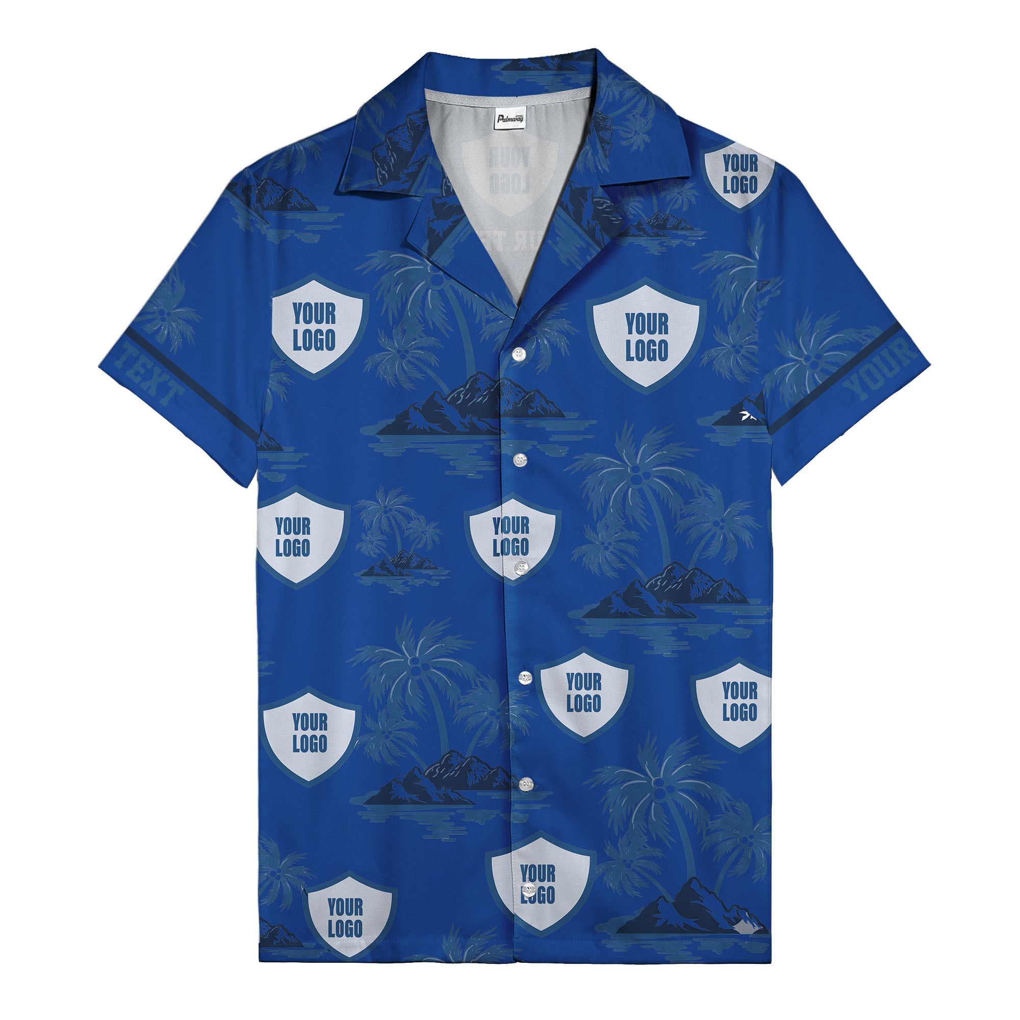shield logo palm tree island scene navy blue hawaiian shirt for men