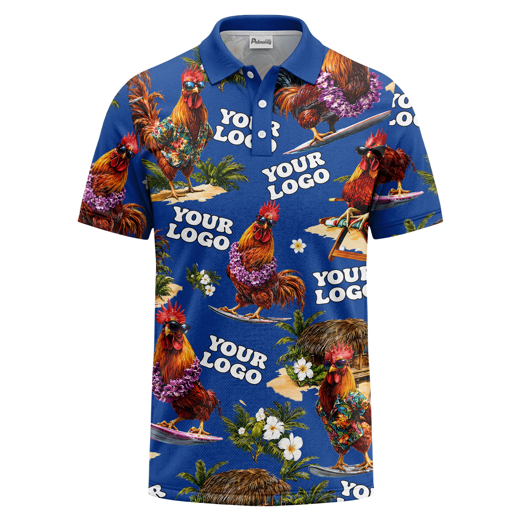 surfing roosters surfboards lei palm trees photorealistic polo shirt