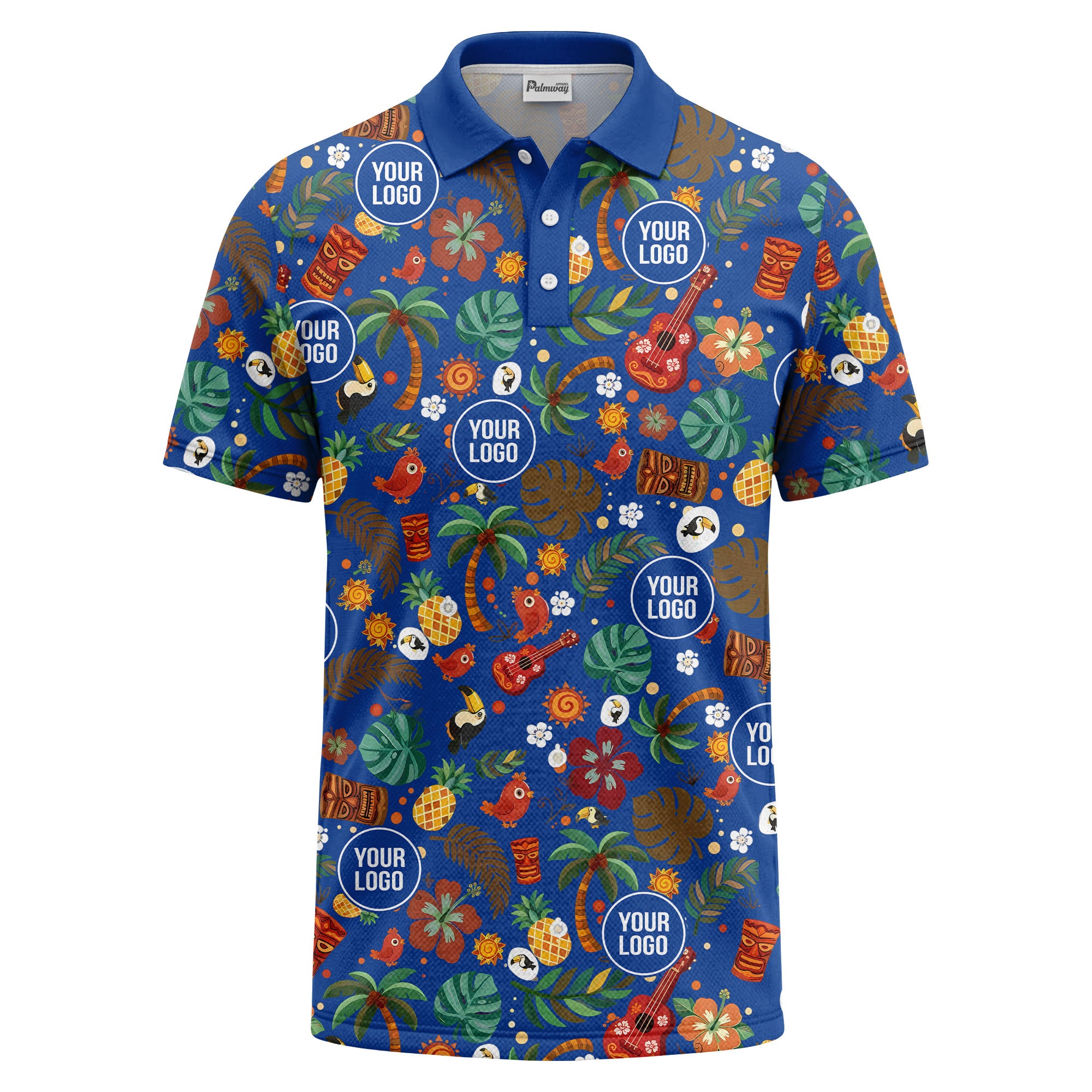 tiki masks palm trees ukuleles watercolor print polo shirt for men