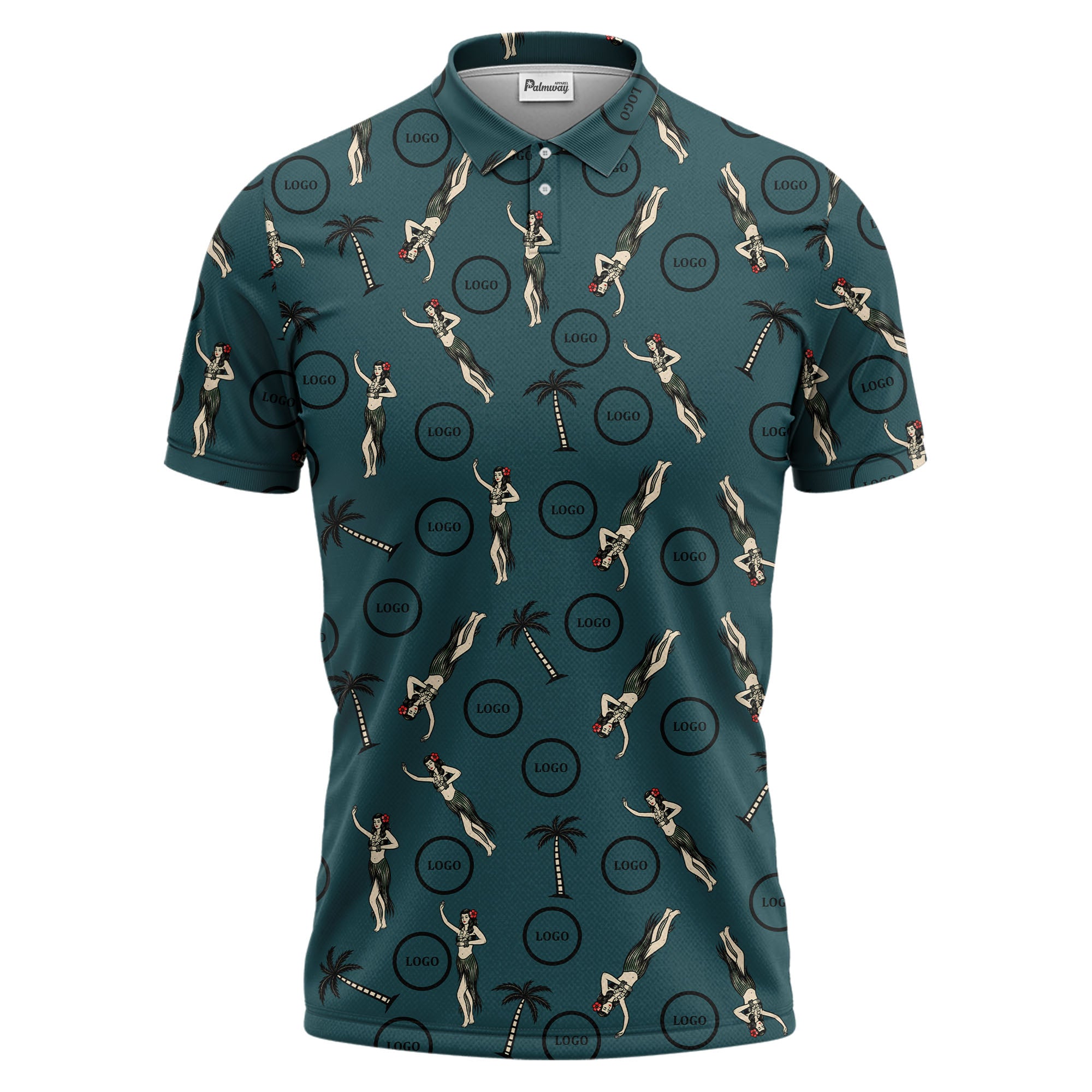 vintage hula dancers & palm trees black hawaiian polo shirt for men