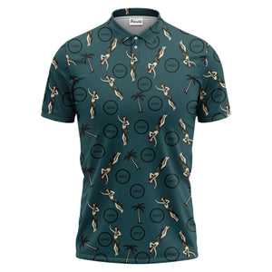 vintage hula dancers & palm trees black hawaiian polo shirt for men