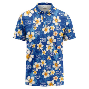 watercolor hibiscus & plumeria black aloha polo shirt for men