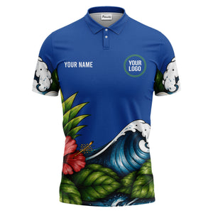 watercolor ocean wave palm leaf hibiscus floral navy blue polo shirt for men