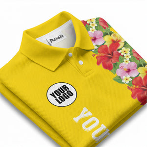 Tropical Floral Fiesta Red Pink Yellow Green Leaves Illustrated Summer Polo Shirt For Men