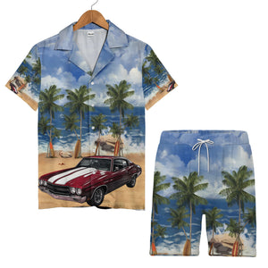 Vintage Classic Car Surf Beach Scene Tropical Aloha Button Down Shirt Hawaiian Shirt