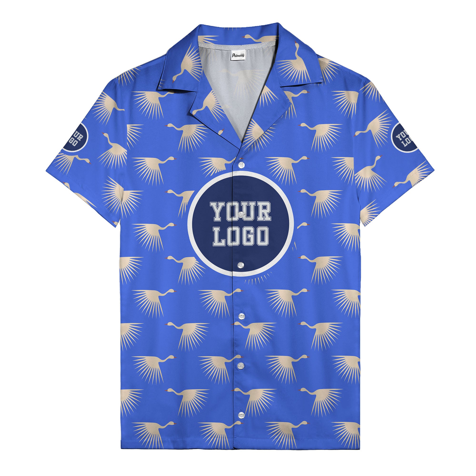 art deco crane silhouette logo beige navy hawaiian shirt