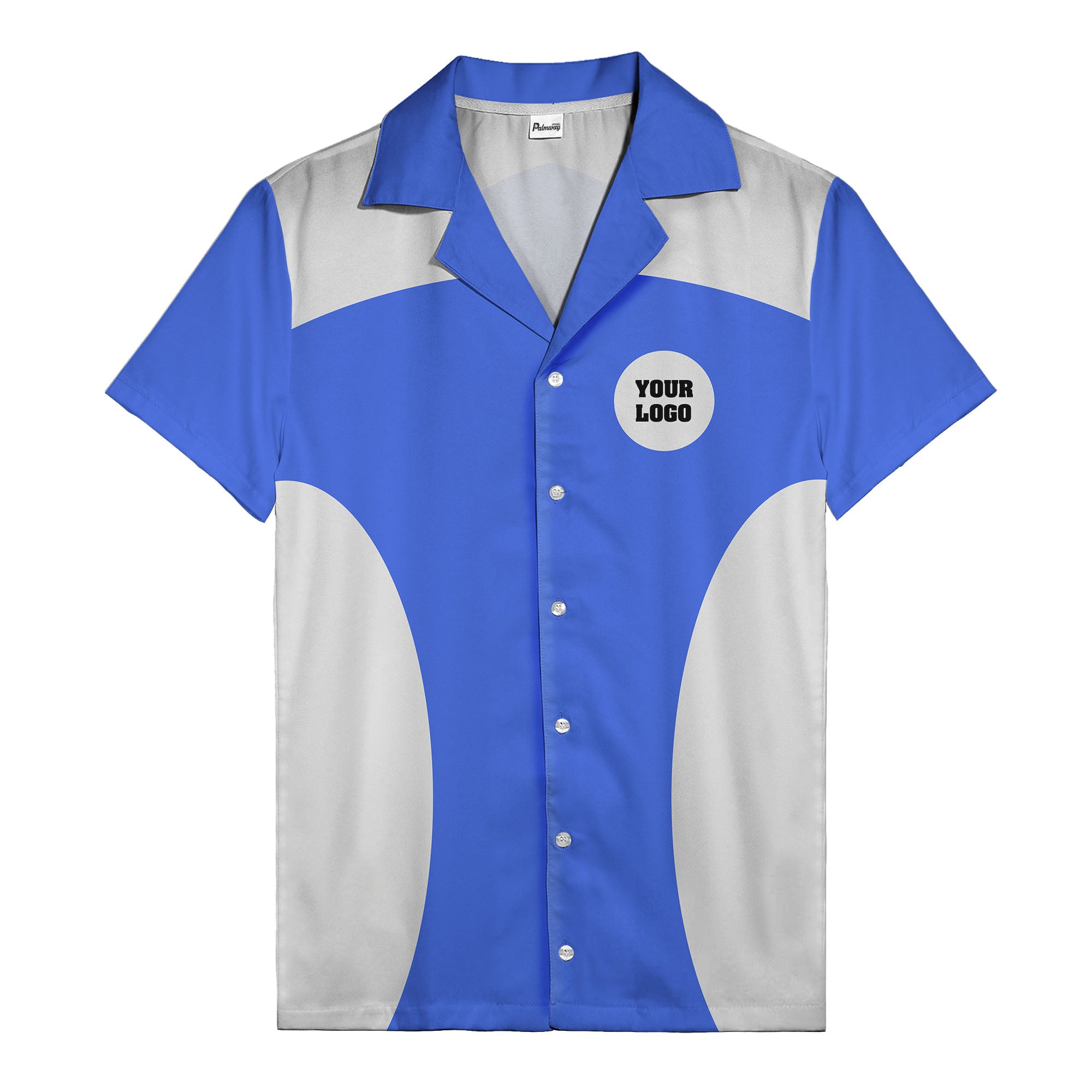 black silver geometric bowling hawaiian shirt with custom logo patch