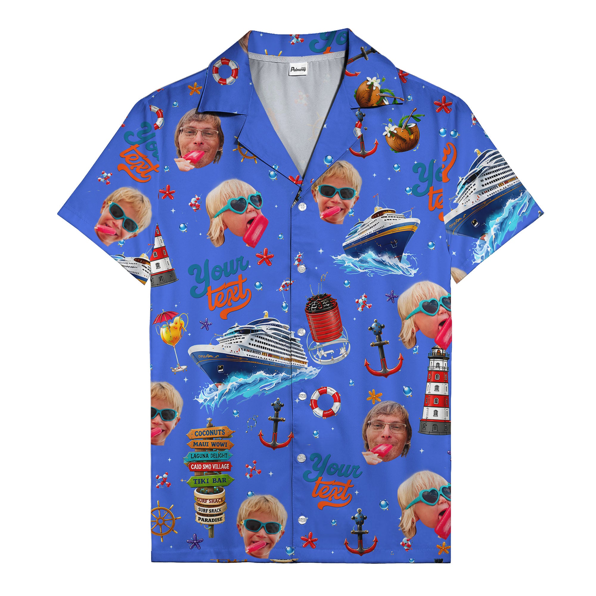 cruise ship faces & cocktail signs cartoon hawaiian shirt