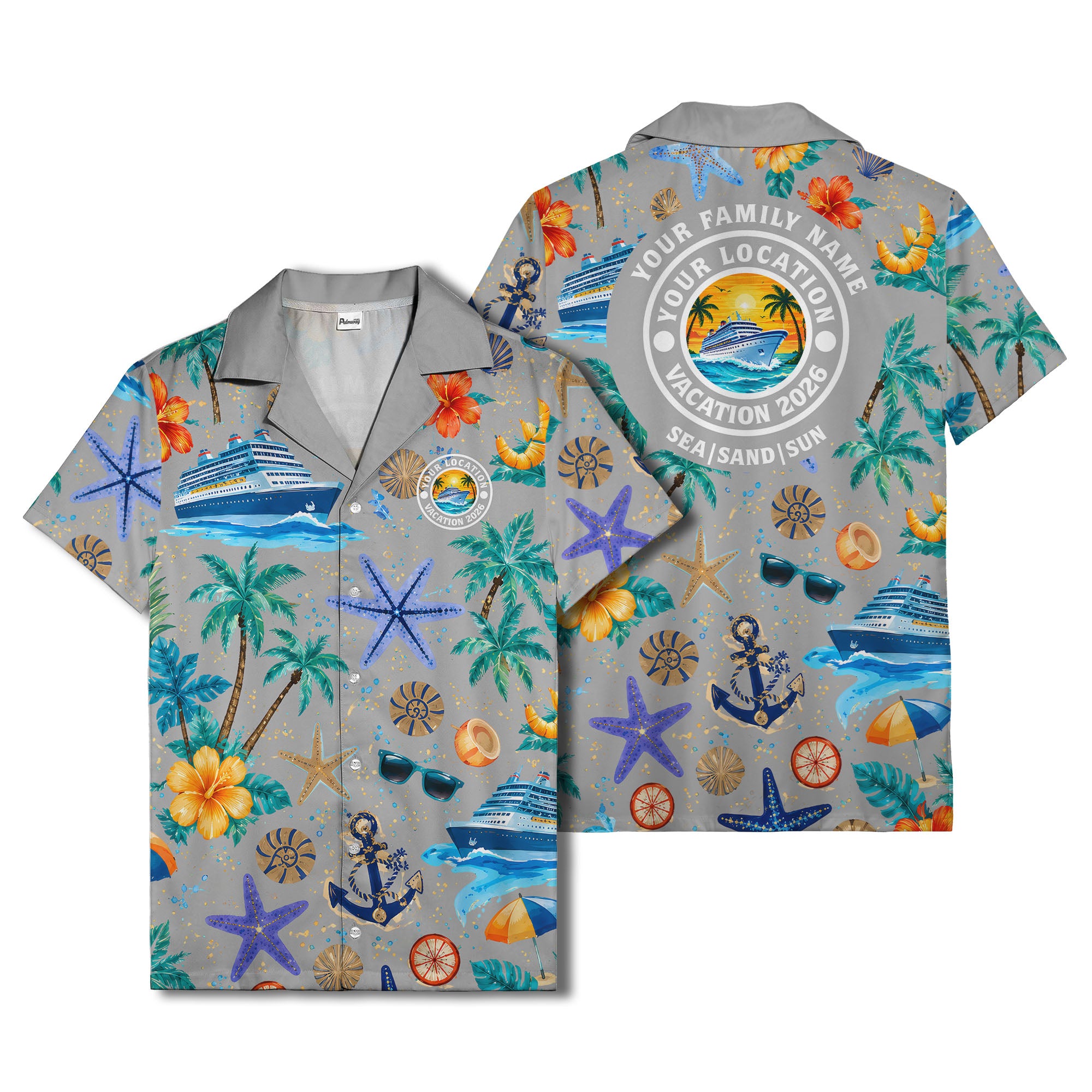 cruise ship palm trees starfish watercolor hawaiian shirt