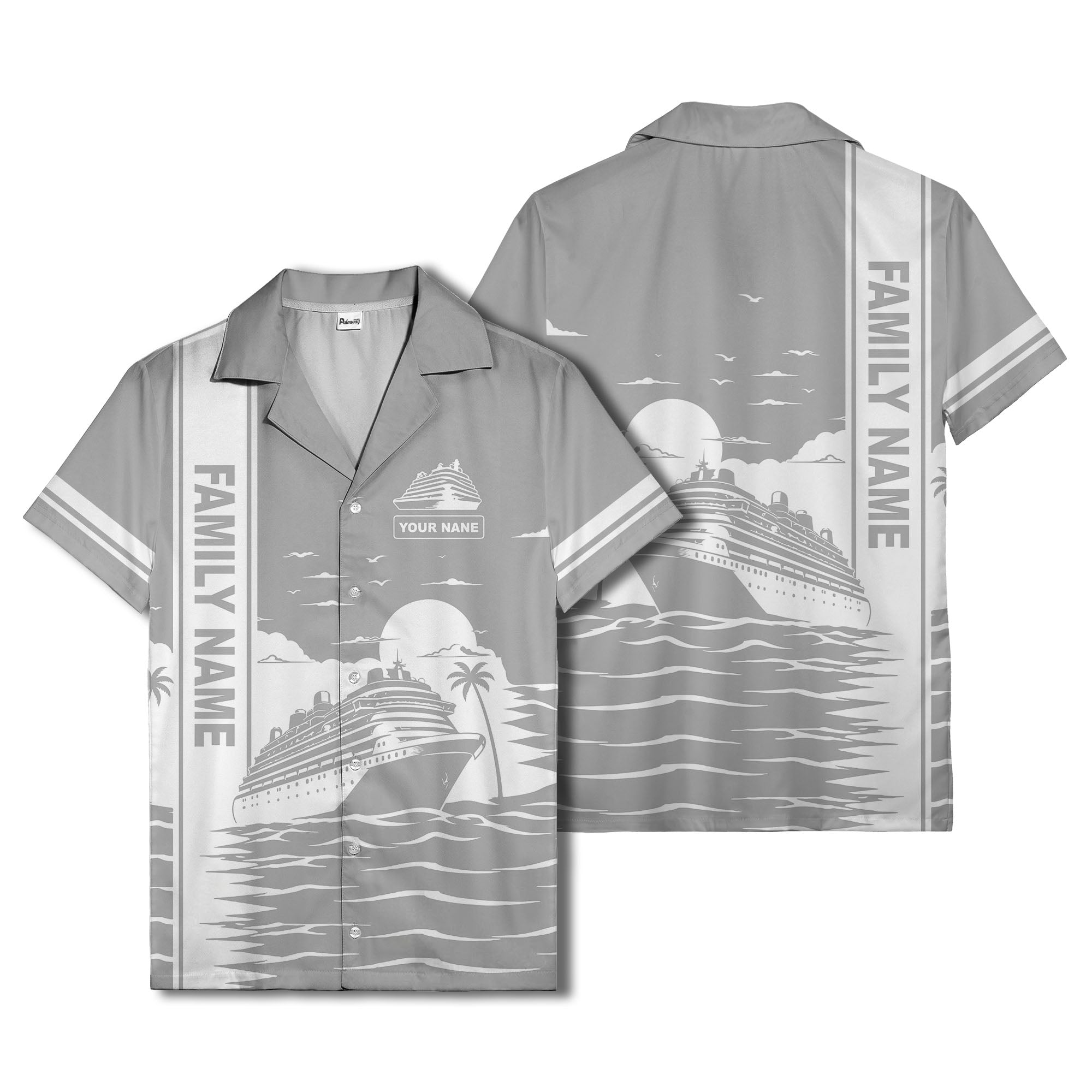 cruise ship silhouette sunset palm trees hawaiian shirt