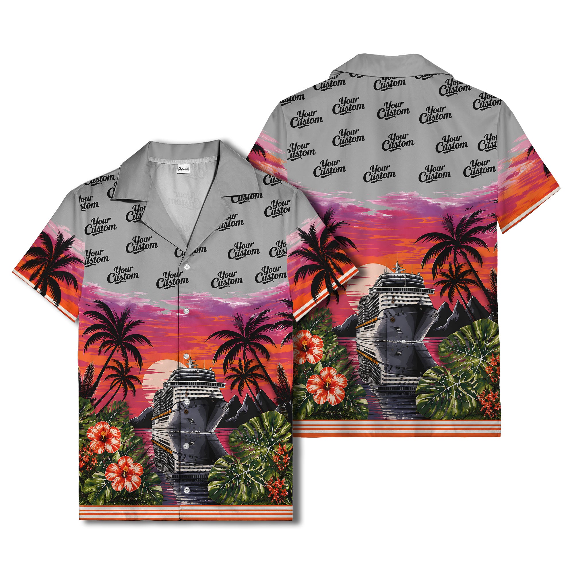 cruise ship sunset palm trees hibiscus flowers hawaiian shirt for men
