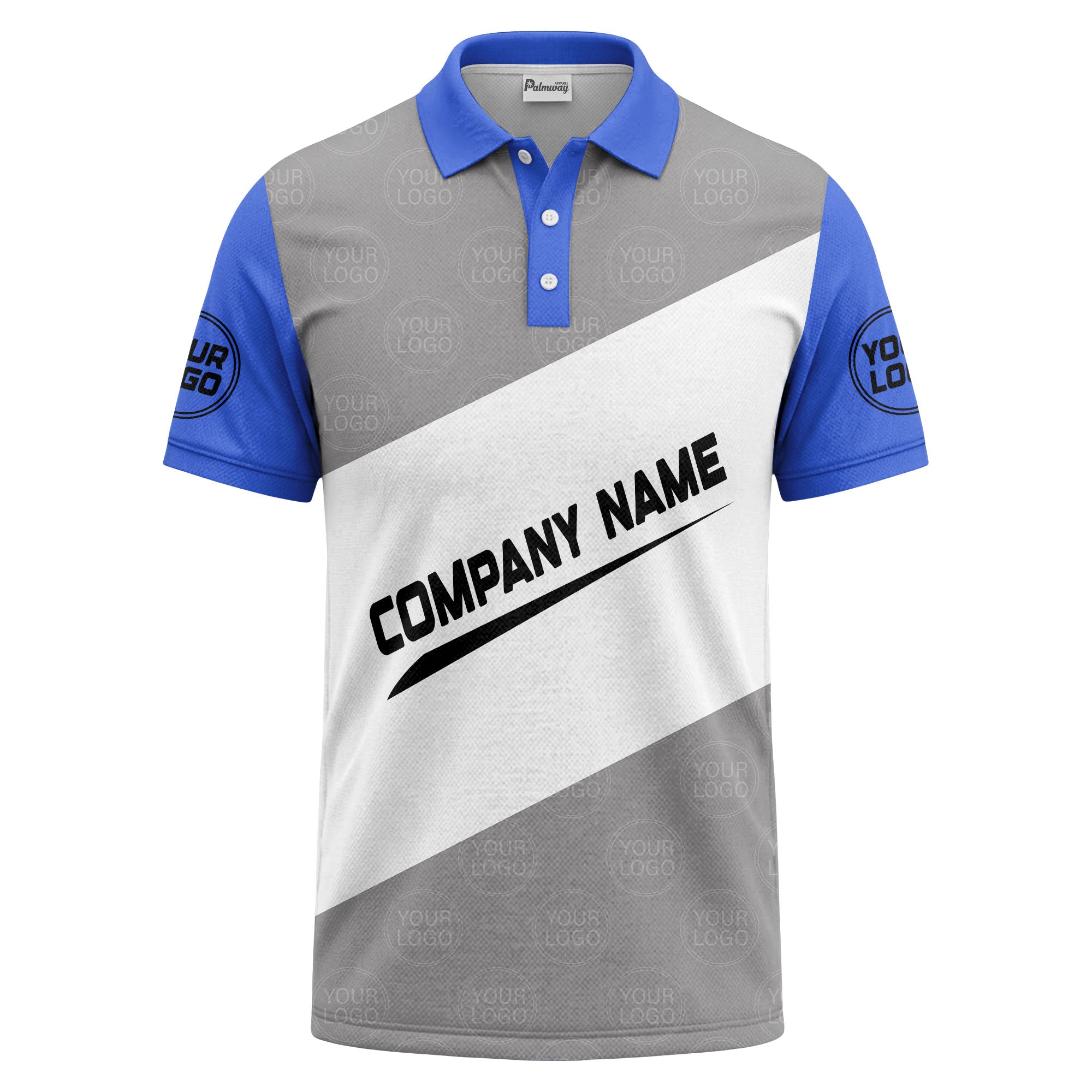 diagonal stripe monogram logo gray white black corporate polo shirt