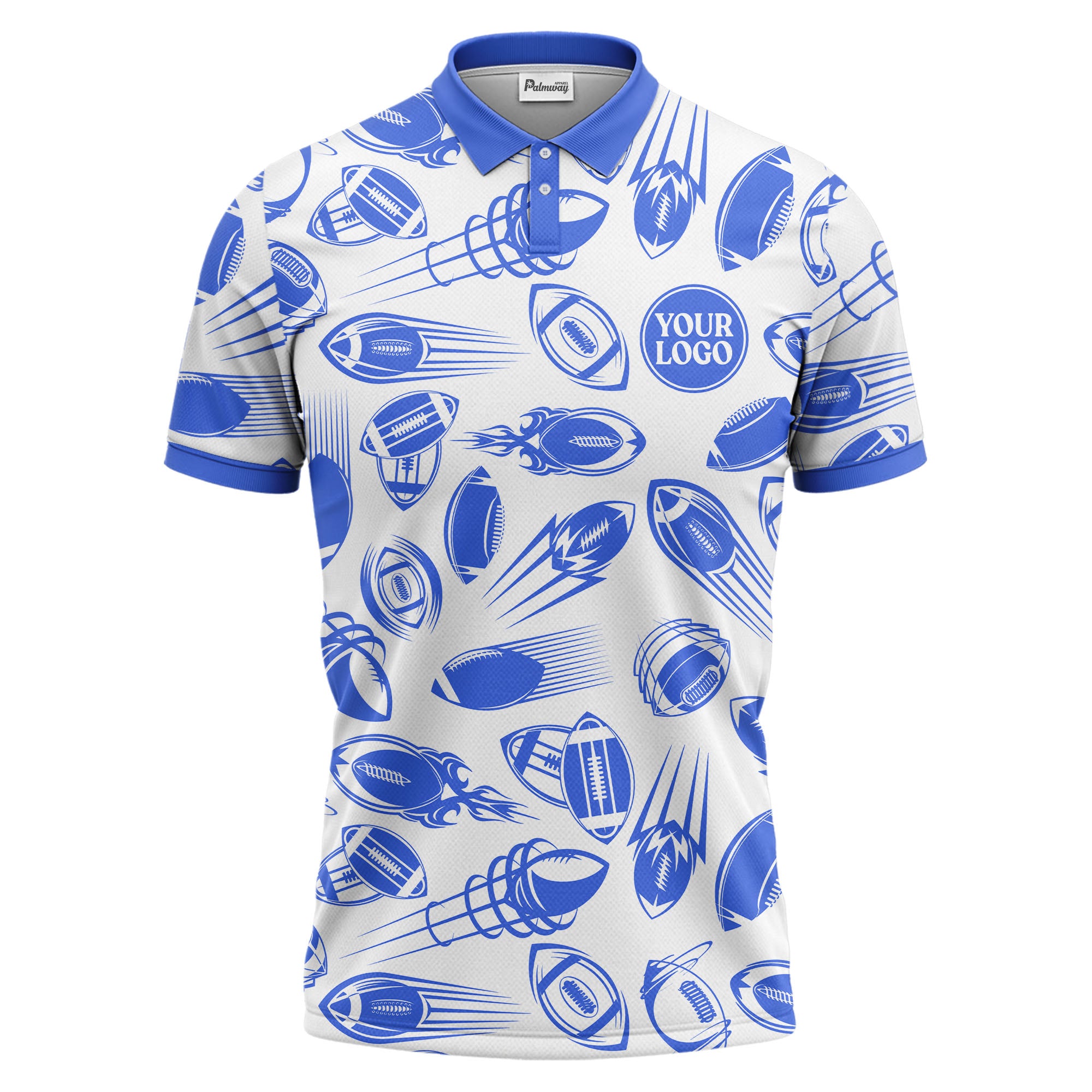 dynamic footballs & speed lines graphic black white sports polo shirt