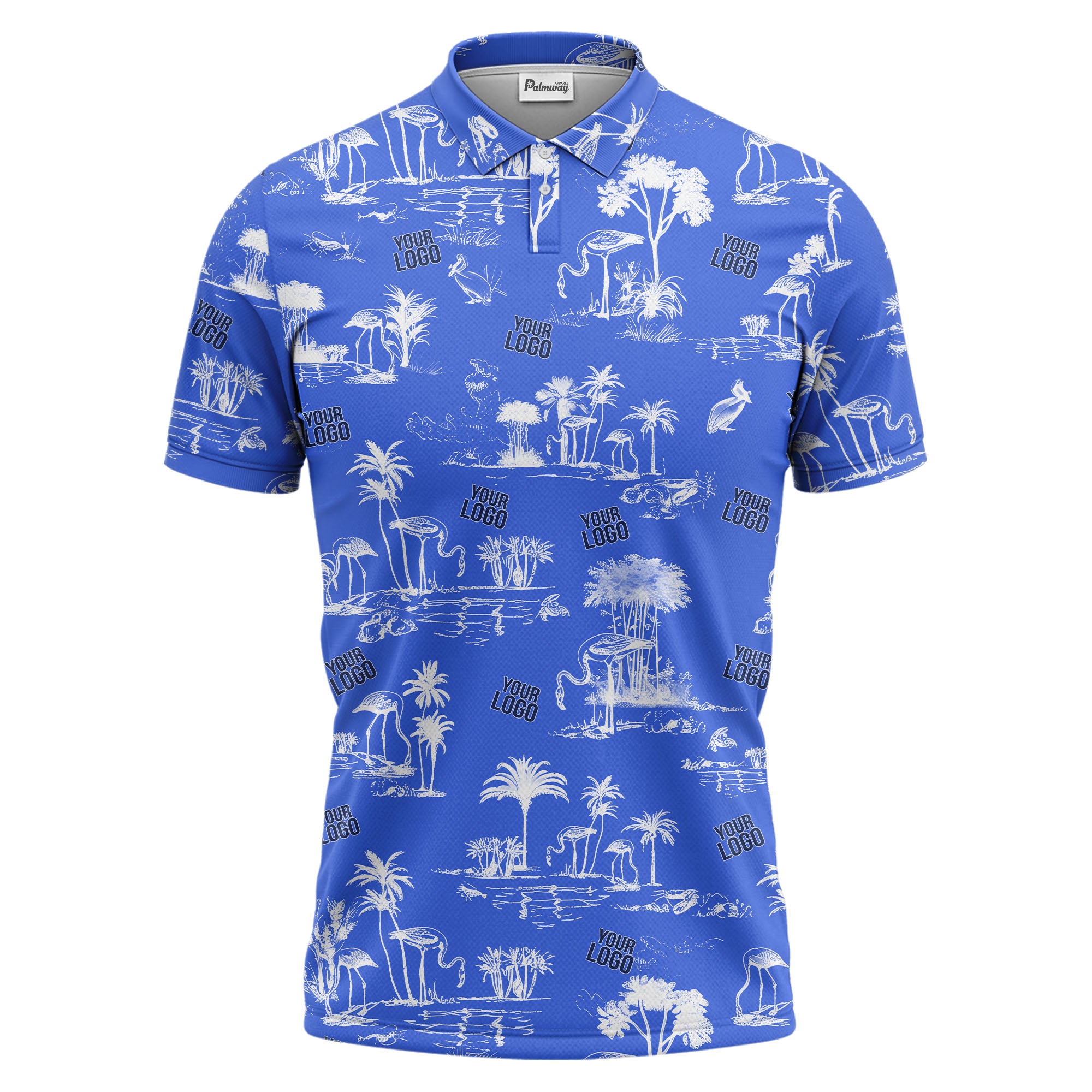 flamingo oasis palm trees sketch pattern black white polo shirt for men