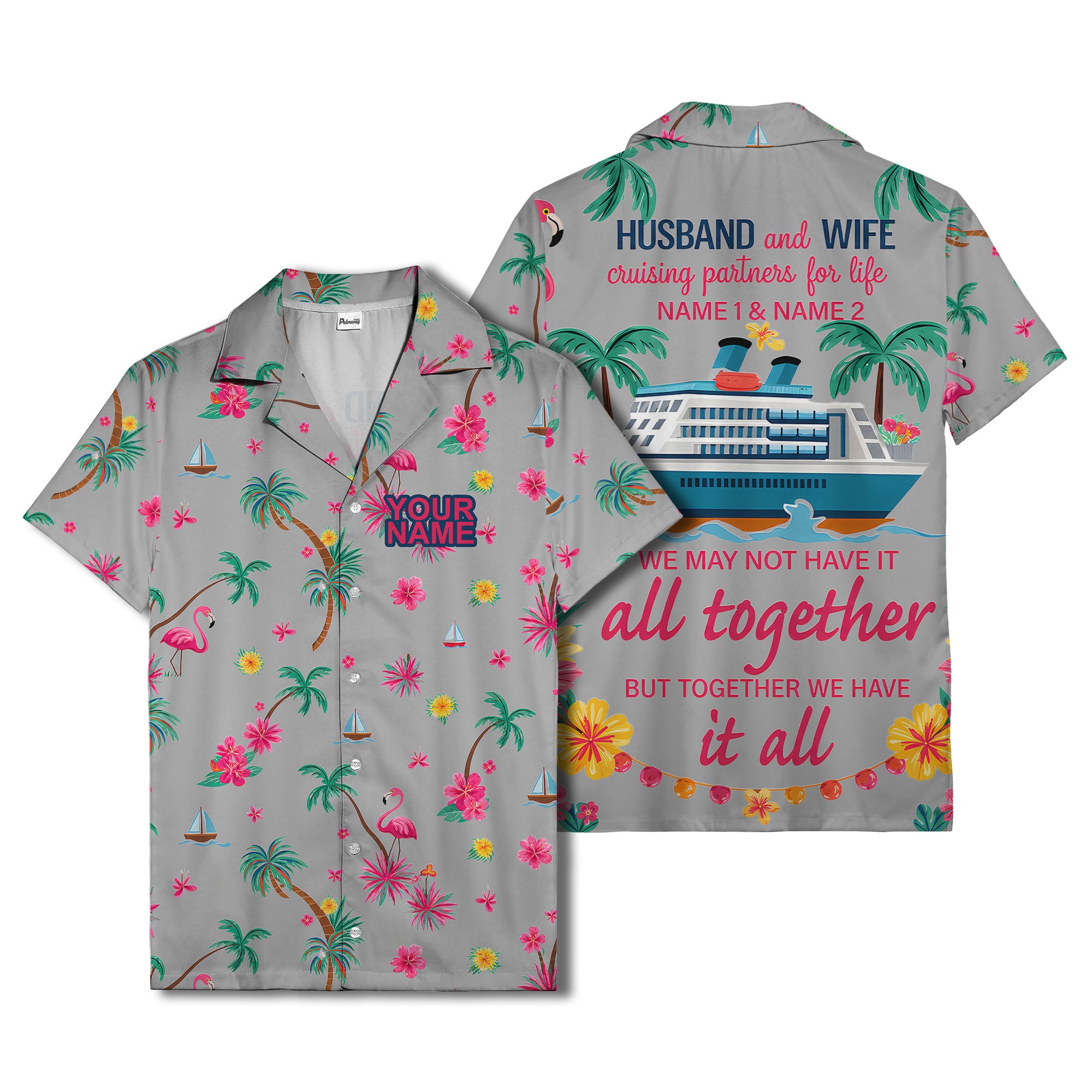 flamingo sailboat hibiscus palm watercolor hawaiian shirt