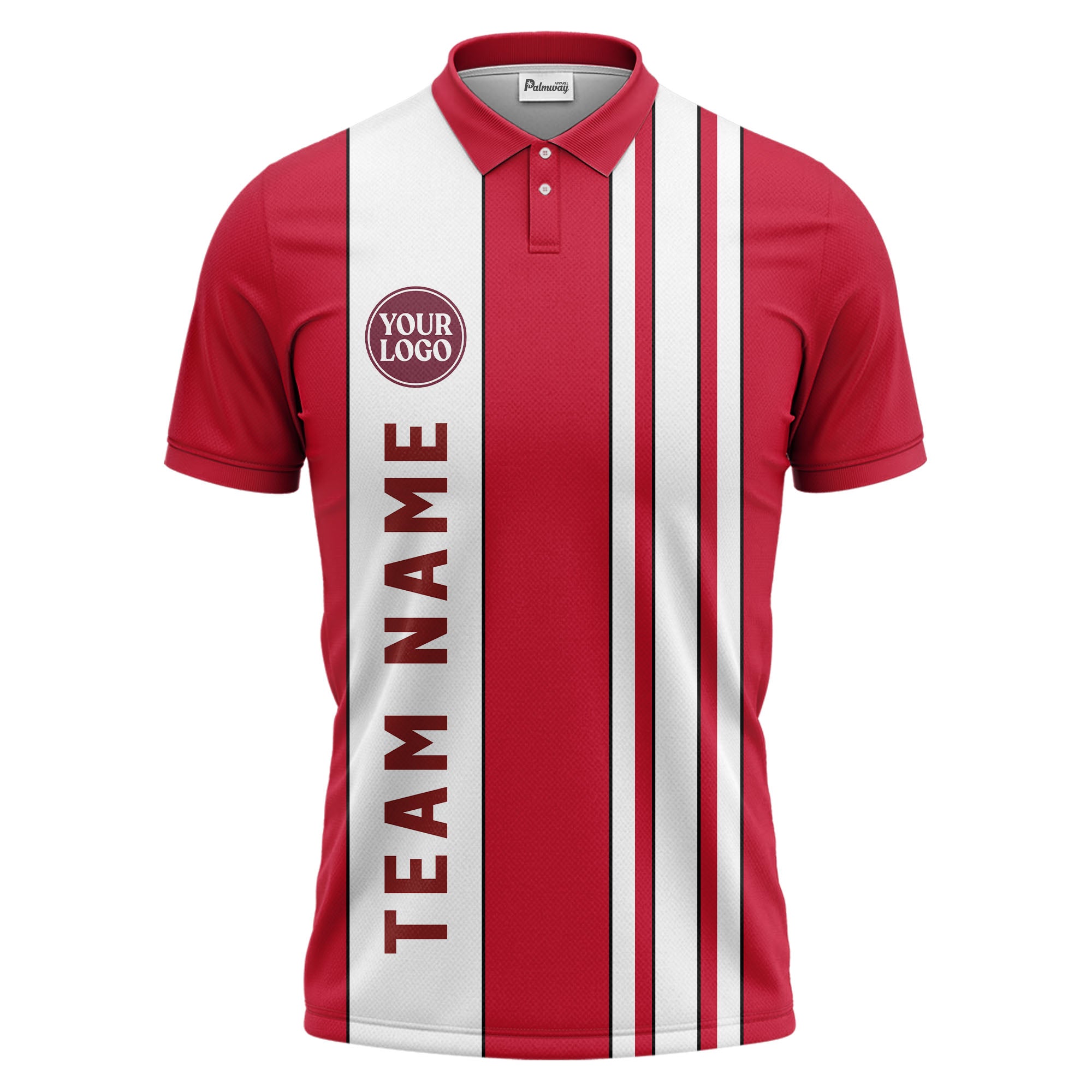 Geometric Maroon Black White Striped Team Polo Shirt With Custom Text Panel