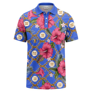 gold chain & pink hibiscus luxury illustrated polo shirt for men