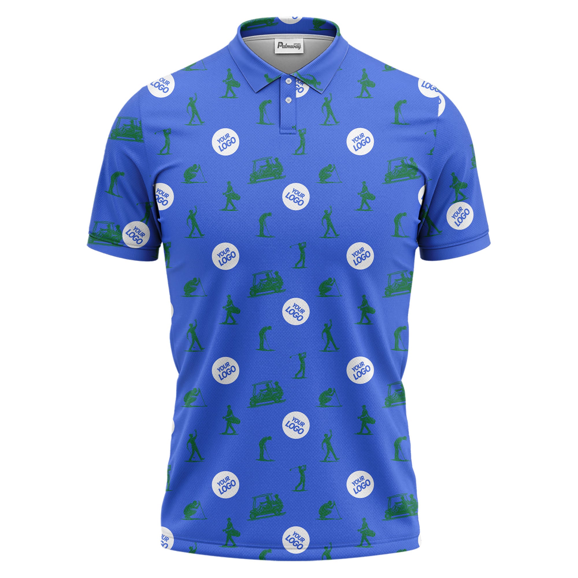 illustrated golfers golf carts repeating on green polo shirt for weekend fairway fun