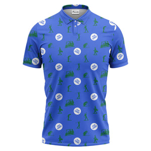 illustrated golfers golf carts repeating on green polo shirt for weekend fairway fun