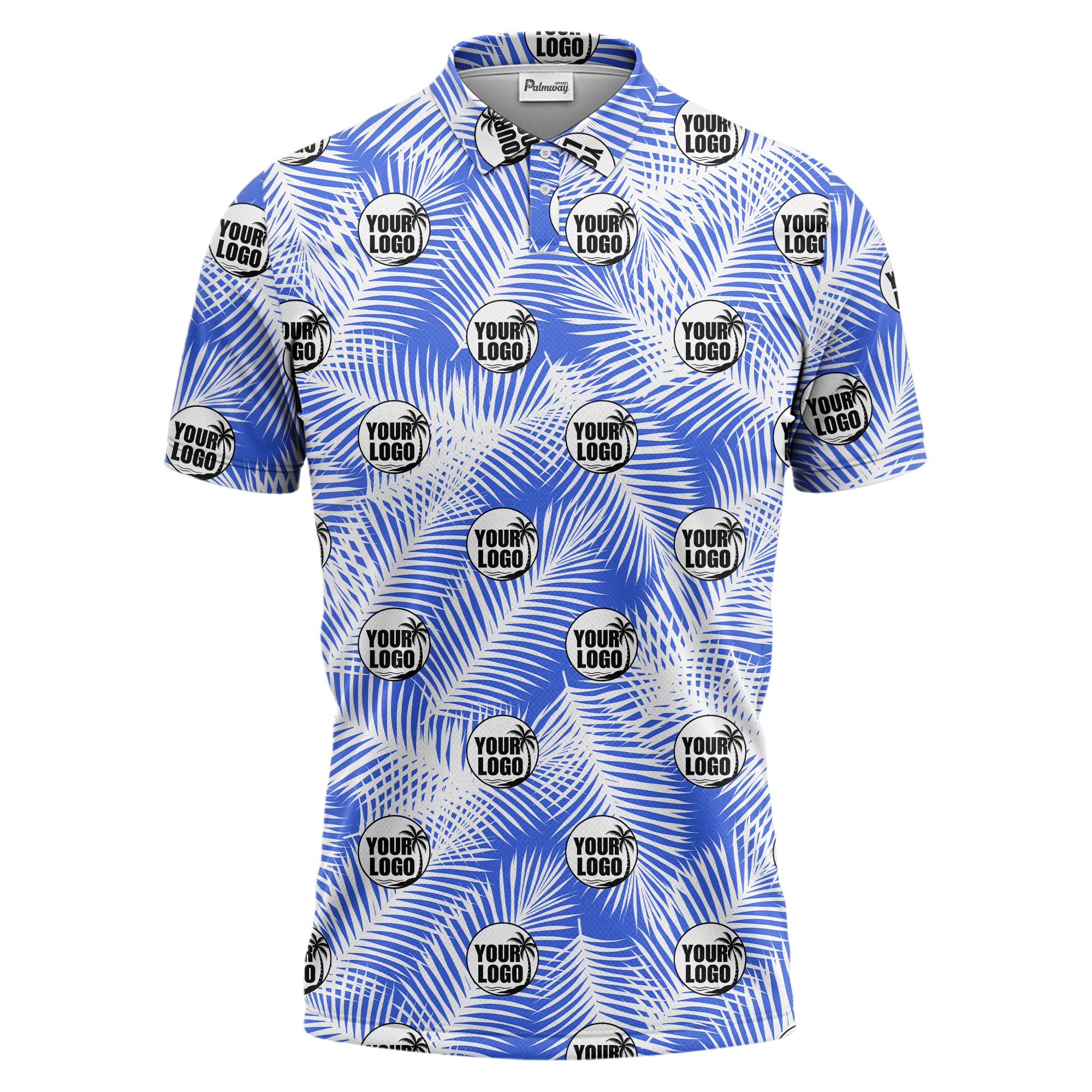 illustrated palm leaf logo repeating tropical polo shirt for men