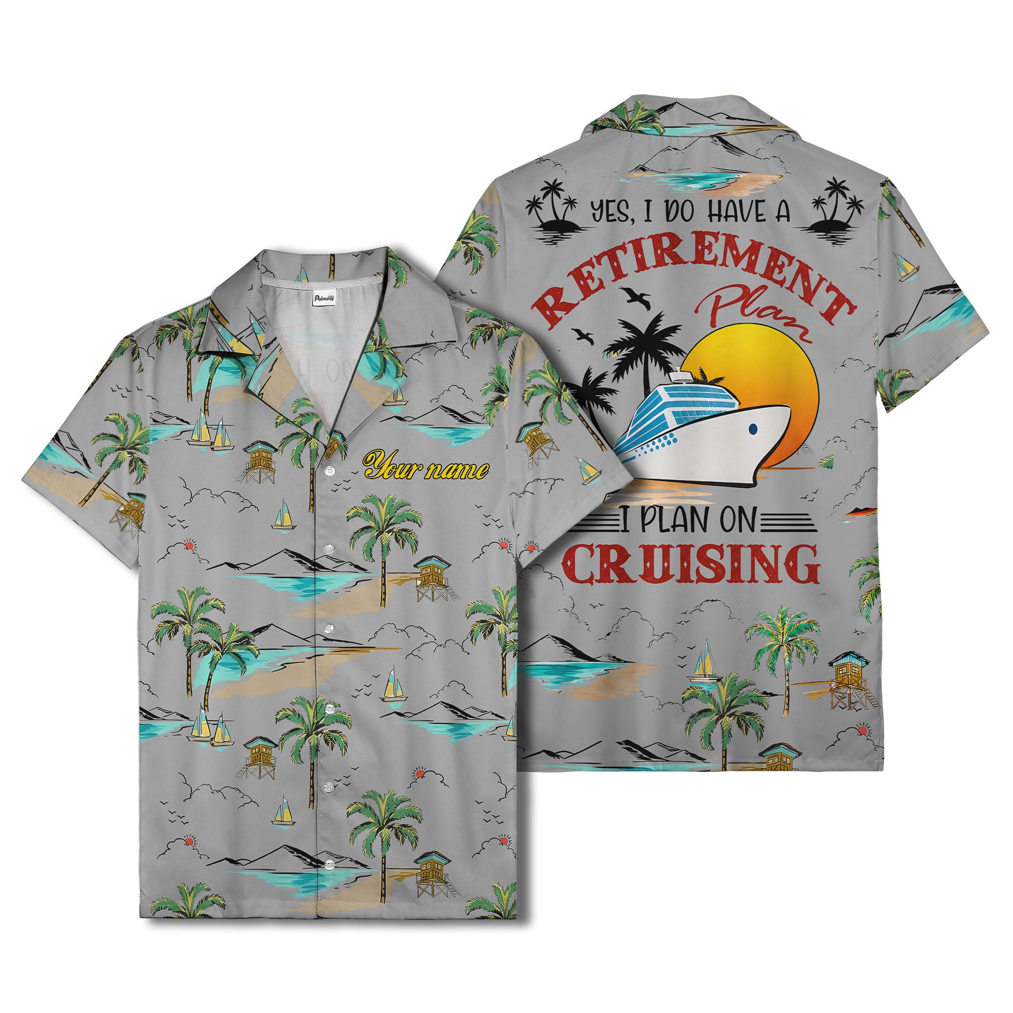 island paradise palm trees & sailboats sunset hawaiian shirt