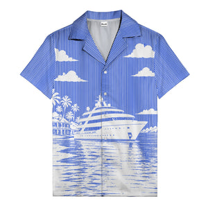 luxury yacht & palm trees tropical beach scene hawaiian shirt