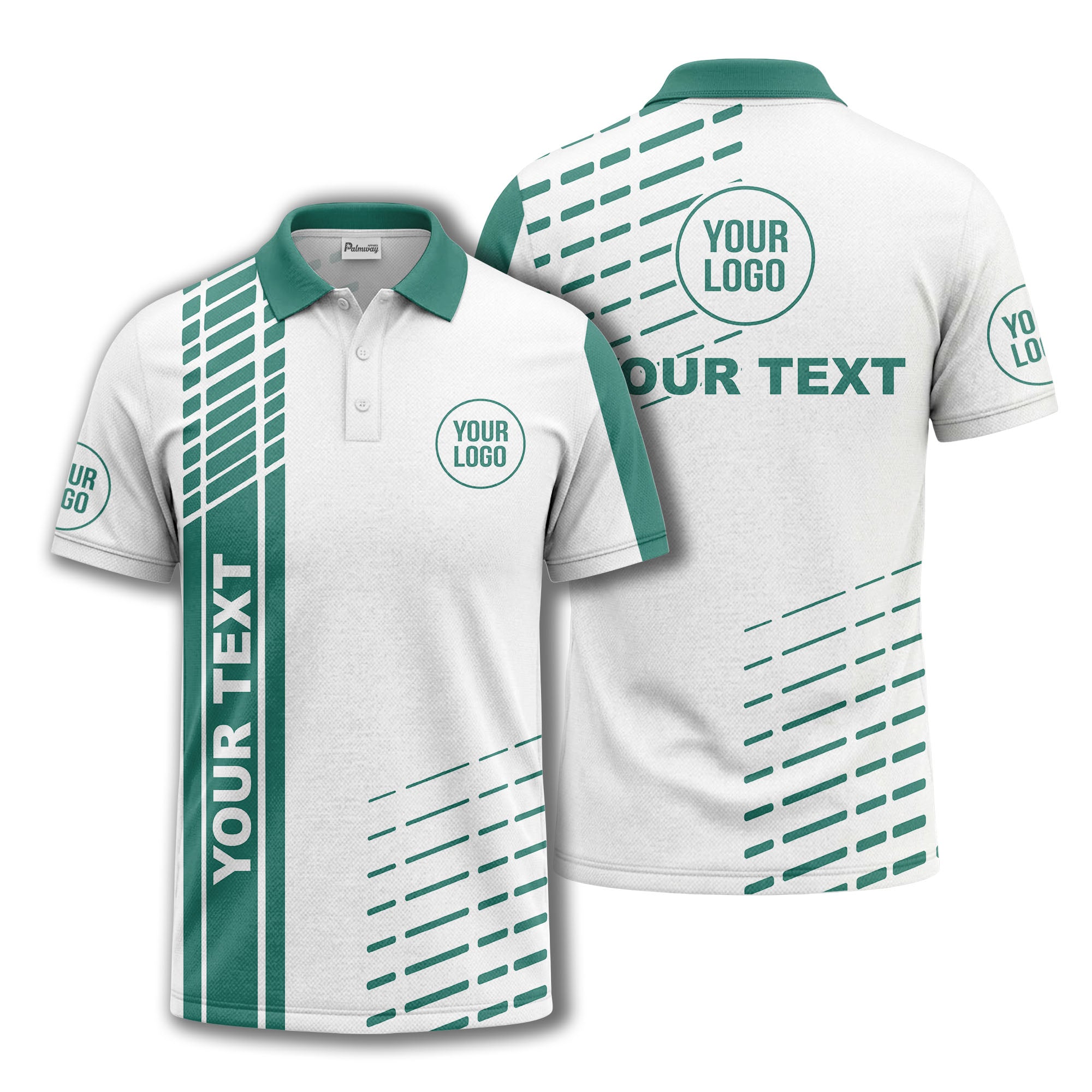 modern vertical stripe & dashed line graphic custom text logo polo shirt