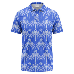 monochrome palm tree logo repeat hawaiian graphic polo shirt