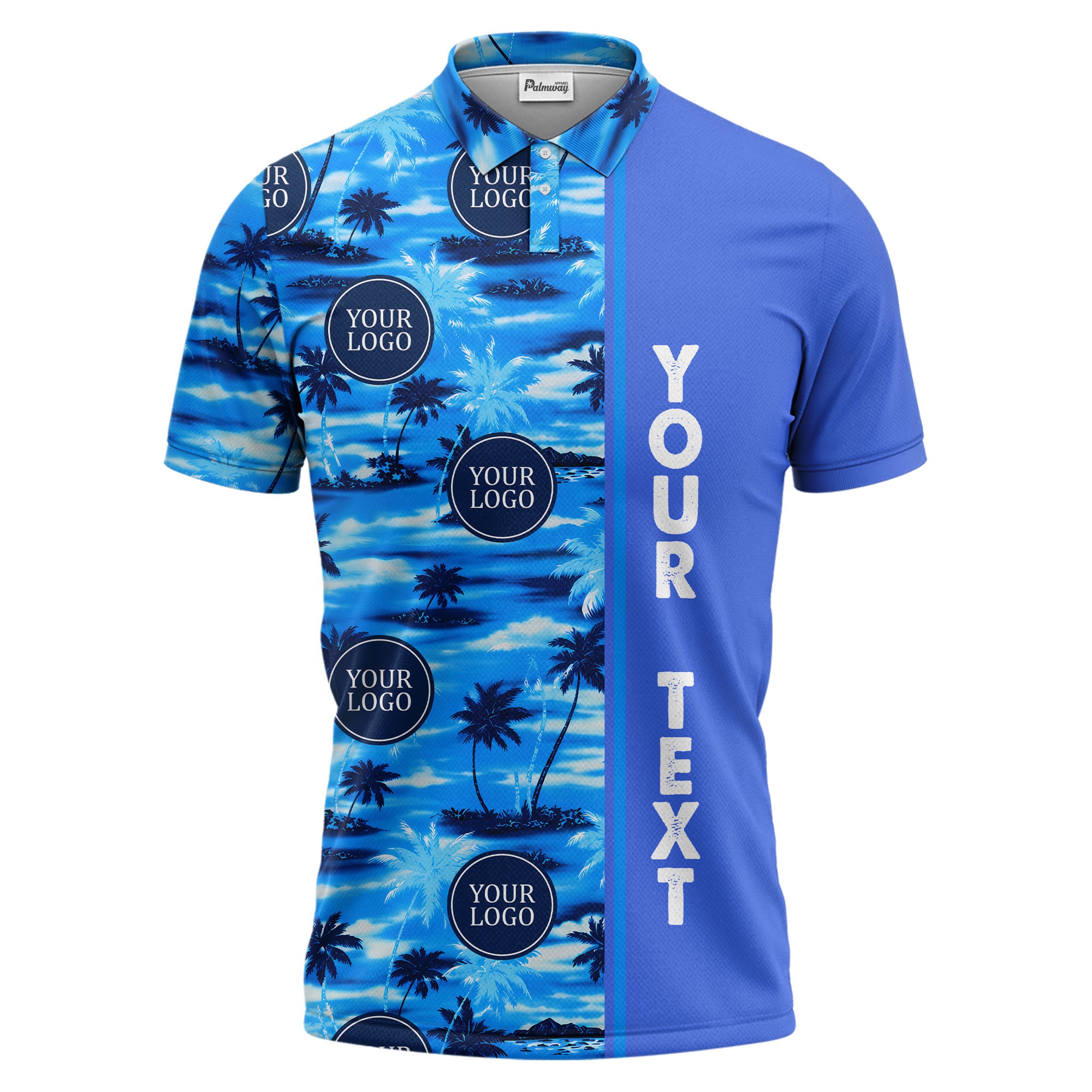 oceanic palm trees & circular logo repeat navy blue tropical beach polo shirt