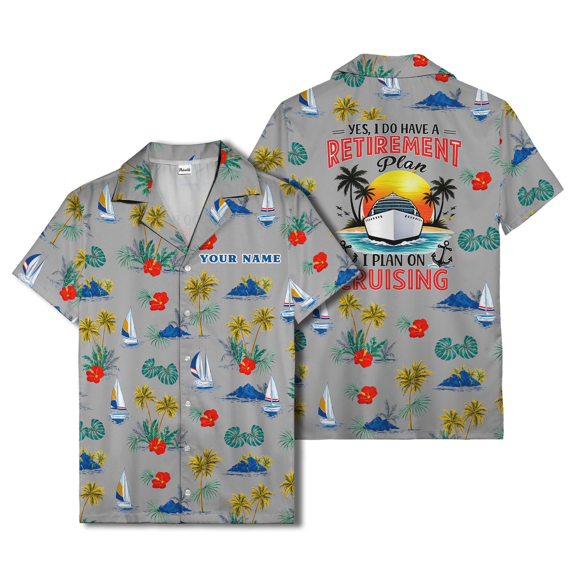 palm trees sailboats hibiscus island paradise hawaiian shirt