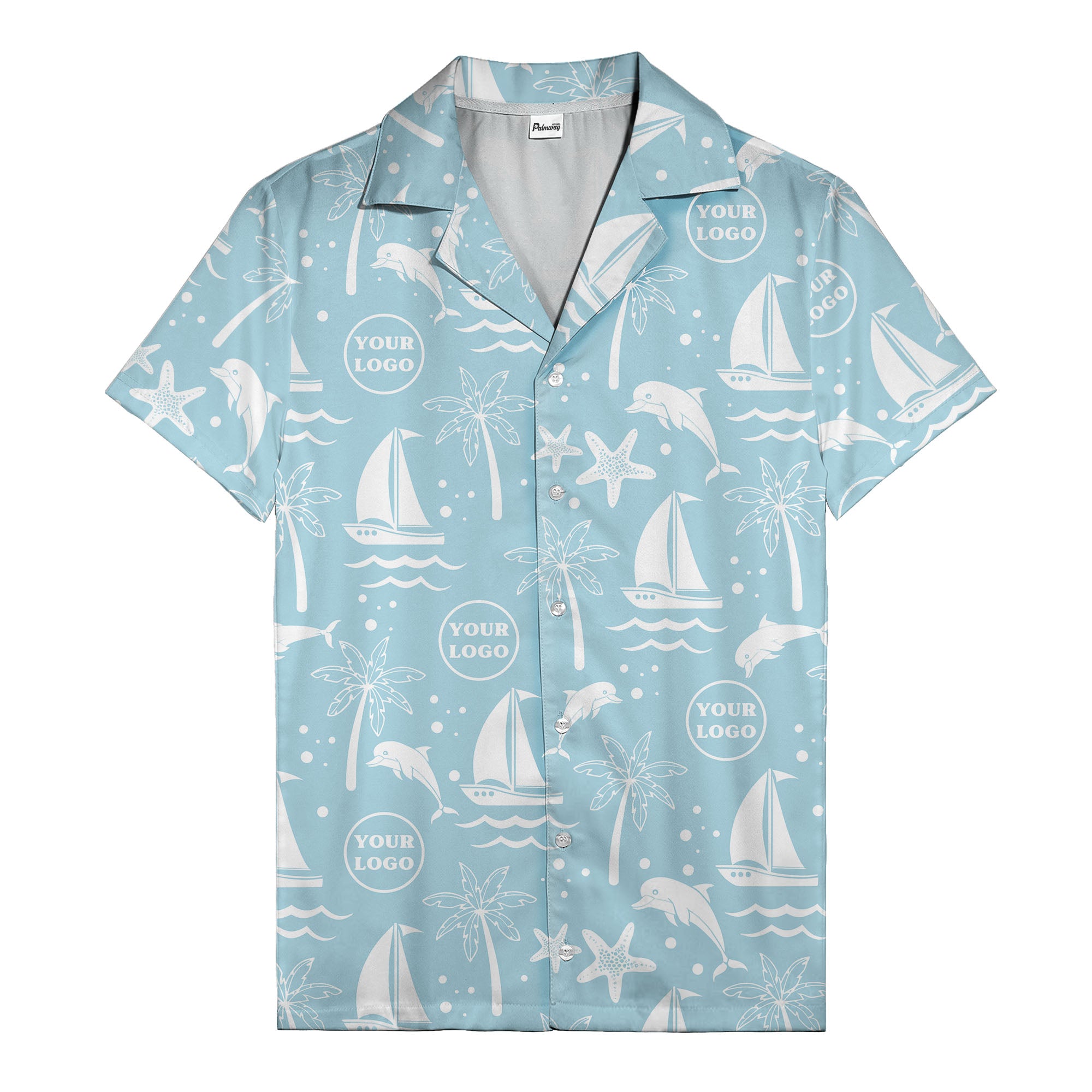sailboats dolphins palm trees starfish repeat pattern black white hawaiian shirt